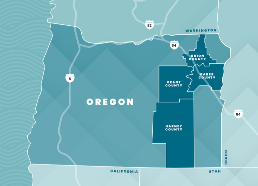 map show Baker, Grant, Harney, and Union Counties in eastern Oregon
